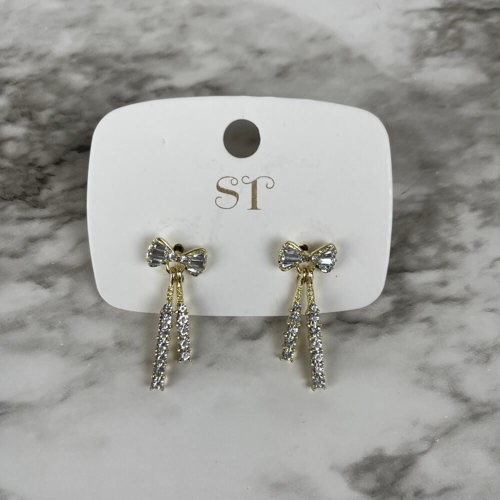 H0026 Sparkling Bowknot Tassel Earrings Gold Tone